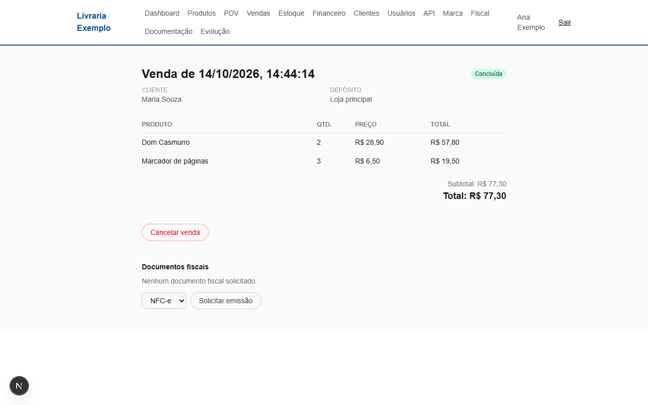 Detalhe da venda com a área de documentos fiscais