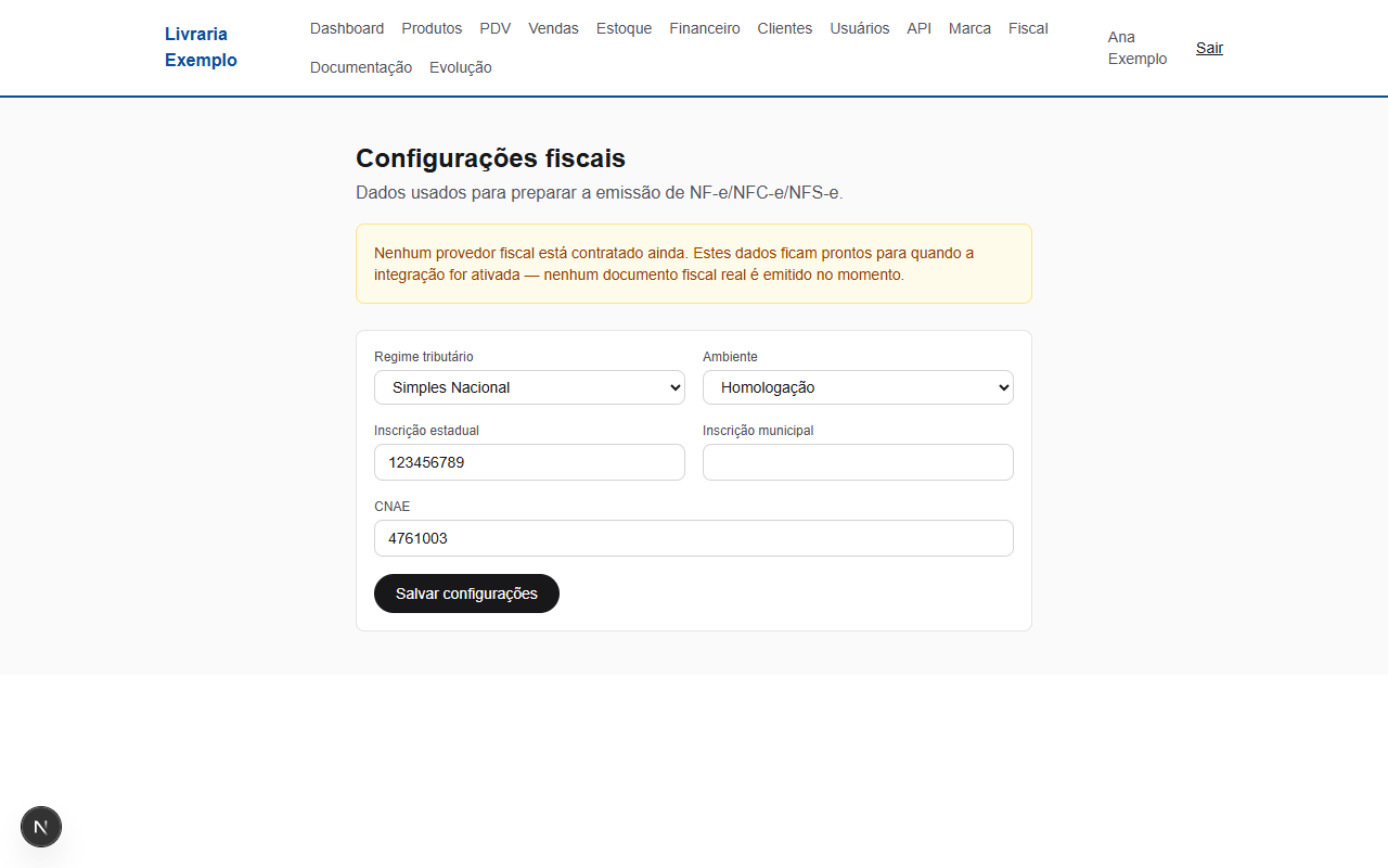 Tela de configurações fiscais da empresa